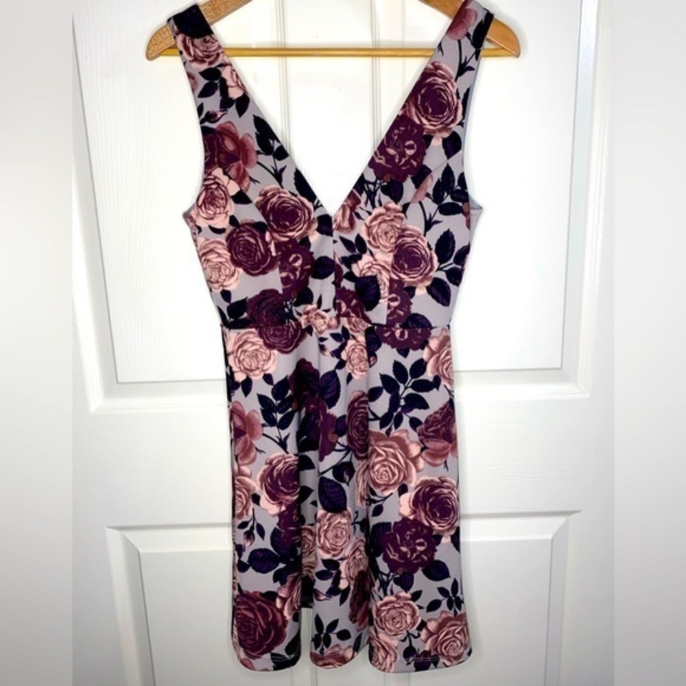 Charlotte Russe Gray and Purple Roses Mini Dress Size Small, Whimsigoth